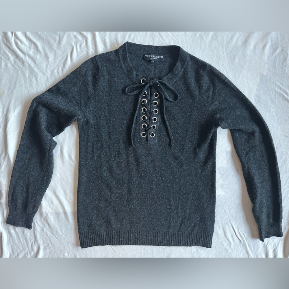 Central Park West New York Charcoal Lace-Up Crewneck 100% Cashmere Sweater